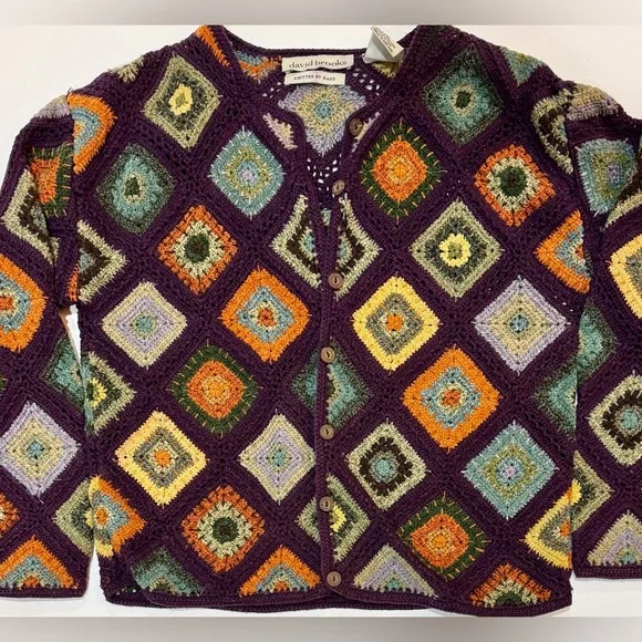 Granny Square Cardigan Boho Multicolor Hand Knit Button Front Sweater M - Picture 2 of 7